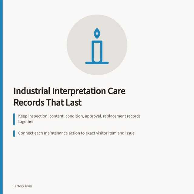 Card summarizing industrial interpretation maintenance records and retention practices. How industrial site owners keep interpretation maintenance records that last