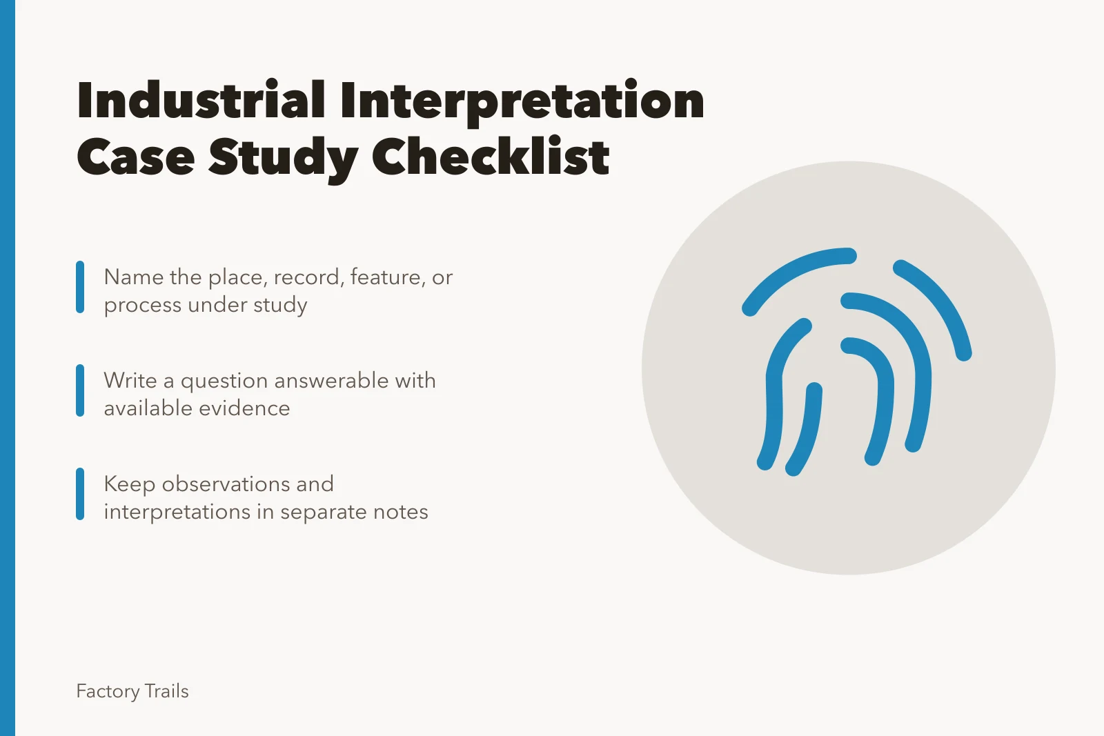 Checklist card for framing industrial interpretation case study questions and evidence. Industrial site interpretation case study checklist: how to frame the question and check the facts
