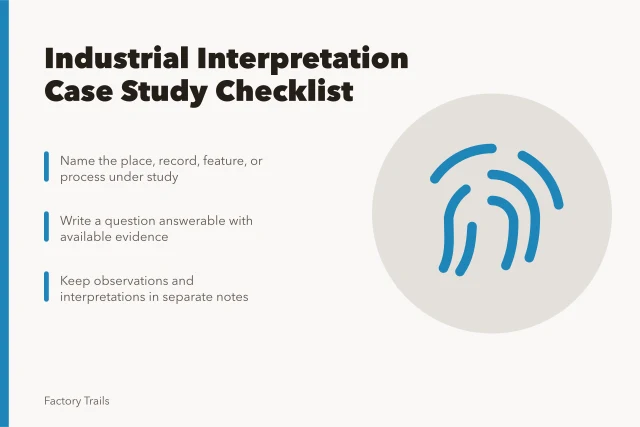 Checklist card for framing industrial interpretation case study questions and evidence. Industrial site interpretation case study checklist: how to frame the question and check the facts