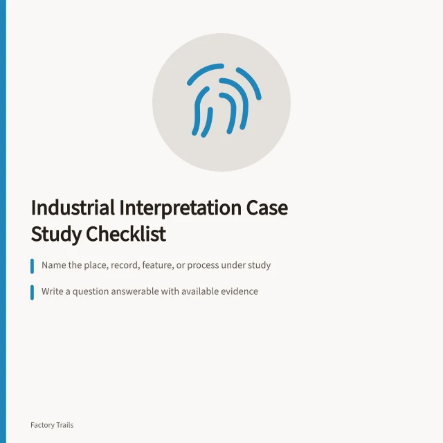 Checklist card for framing industrial interpretation case study questions and evidence. Industrial site interpretation case study checklist: how to frame the question and check the facts