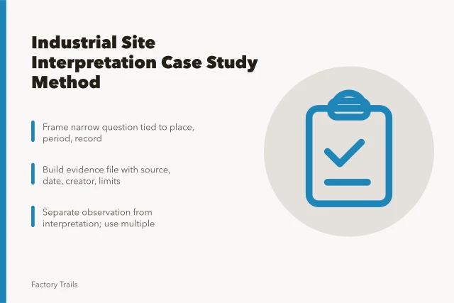 Card summarizing industrial site interpretation case study method steps. How to run an industrial site interpretation case study method from question to published report