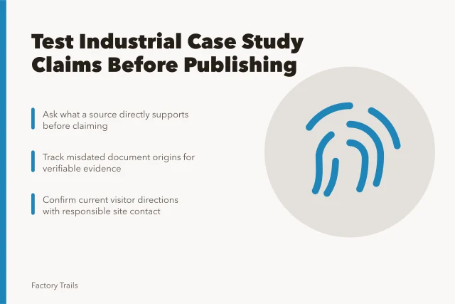 Checklist for verifying industrial history claims before publication. Industrial site interpretation case study questions to test before you publish