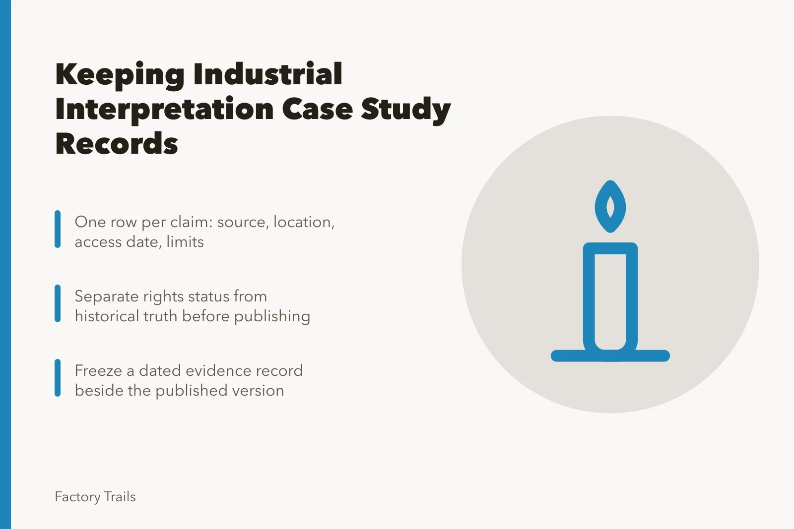 Card summarizing how to keep industrial interpretation case study records. How to keep industrial site interpretation case study records