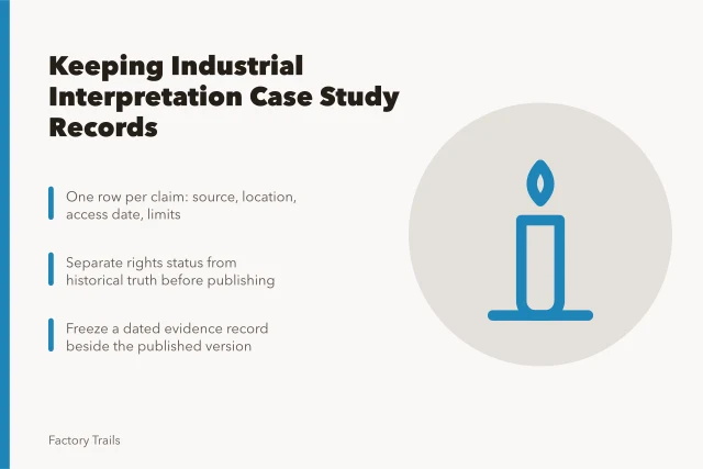 Card summarizing how to keep industrial interpretation case study records. How to keep industrial site interpretation case study records