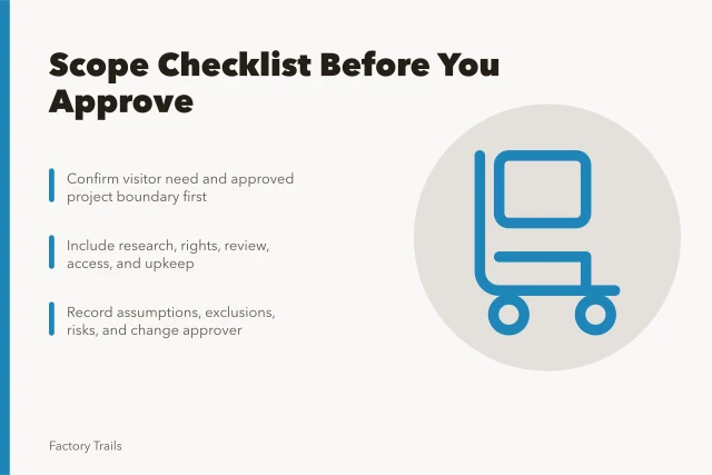 Checklist card for industrial interpretation cost estimate approval. Industrial site interpretation cost planning: a scope checklist before you approve