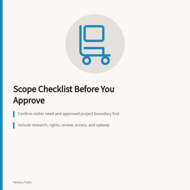 Checklist card for industrial interpretation cost estimate approval. Industrial site interpretation cost planning: a scope checklist before you approve