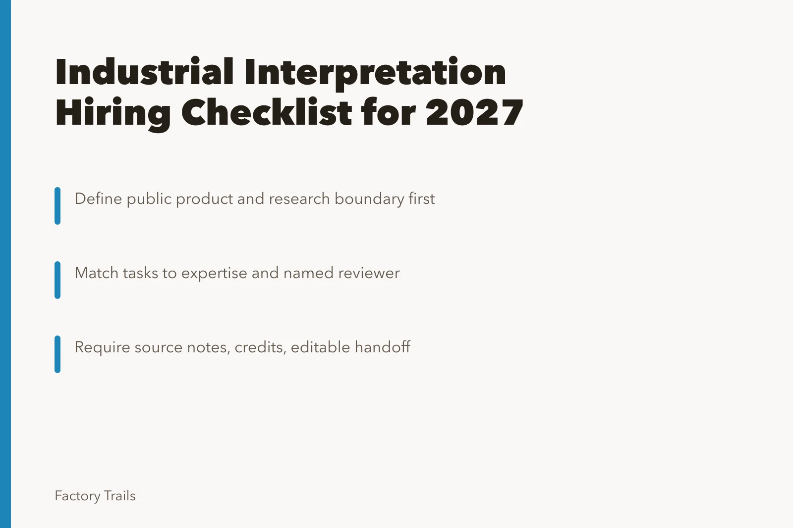 Checklist card for industrial interpretation hiring, approvals, and handoff. Industrial site interpretation hiring checklist: how to build the brief and the handoff