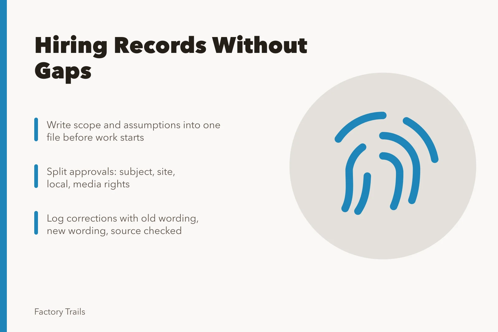 Checklist card for keeping industrial site hiring records complete. How to keep industrial site interpretation hiring records without gaps