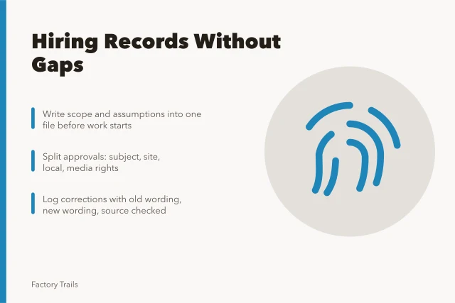 Checklist card for keeping industrial site hiring records complete. How to keep industrial site interpretation hiring records without gaps