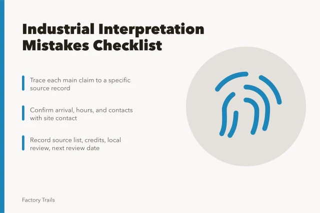Checklist icon for verifying industrial heritage interpretation sources and visitor facts. Industrial site interpretation mistakes checklist: what to review before the prose