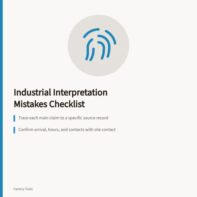 Checklist icon for verifying industrial heritage interpretation sources and visitor facts. Industrial site interpretation mistakes checklist: what to review before the prose