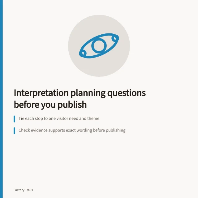 Planning card for industrial site interpretation questions and decisions. Industrial site interpretation planning questions to answer before you publish
