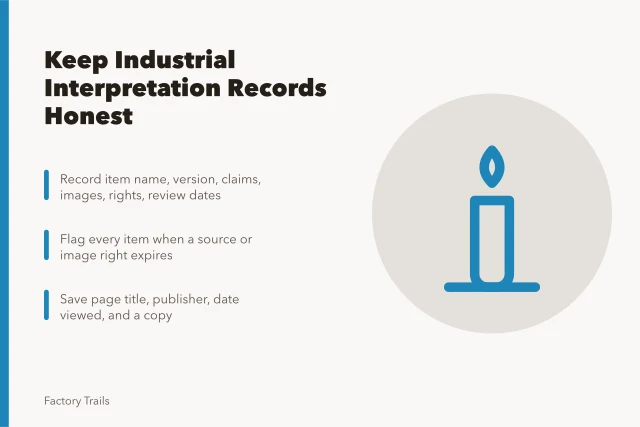 Records checklist for industrial site interpretation with sources, rights, and review dates. How owner records keep industrial site interpretation honest
