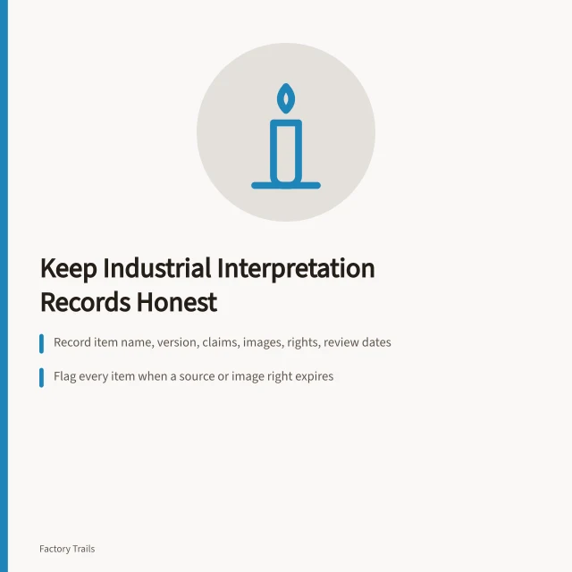 Records checklist for industrial site interpretation with sources, rights, and review dates. How owner records keep industrial site interpretation honest