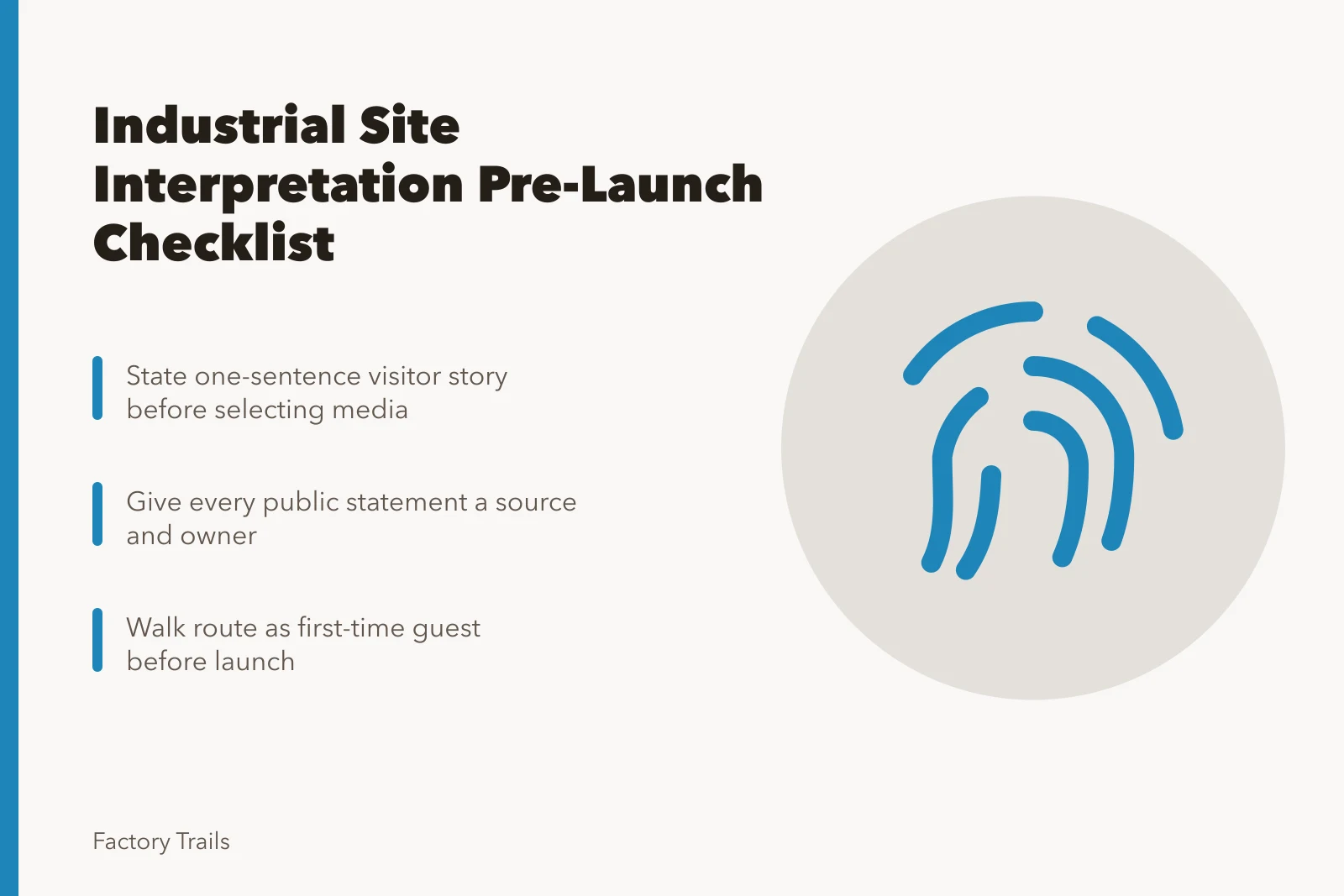 Checklist card for industrial site interpretation review before launch. Industrial site interpretation checklist: what to review before launch