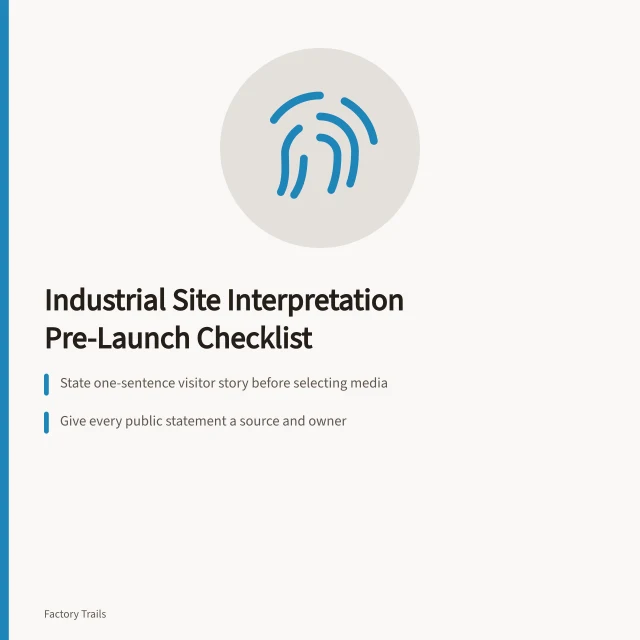 Checklist card for industrial site interpretation review before launch. Industrial site interpretation checklist: what to review before launch