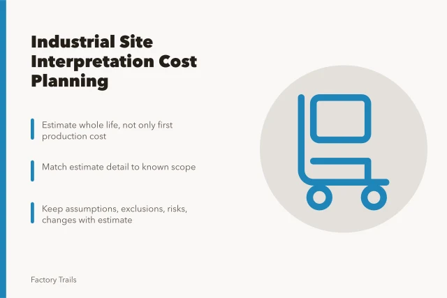 Cost planning card for industrial site interpretation estimates. Industrial site interpretation cost planning: how to estimate research and upkeep