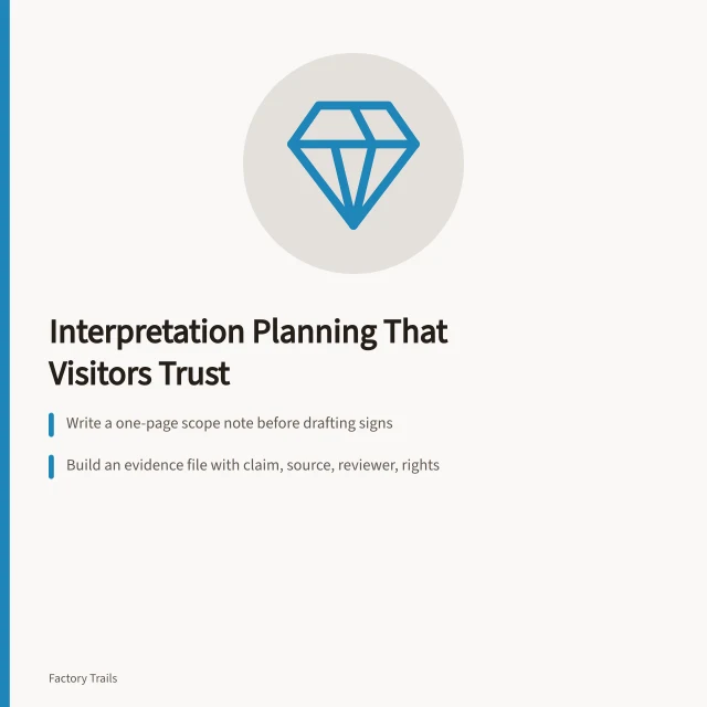 Card outlining scope notes, evidence files, and themes for industrial site interpretation. Industrial site interpretation fundamentals: how to pick honest stories visitors trust