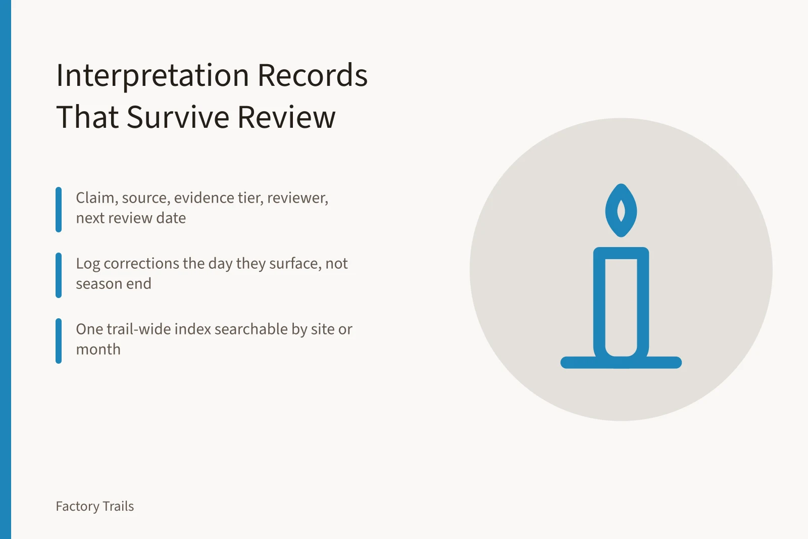 Card on dated interpretation records tying claims to sources and reviewers. Industrial site interpretation records: how U.S. trails keep source notes that survive review