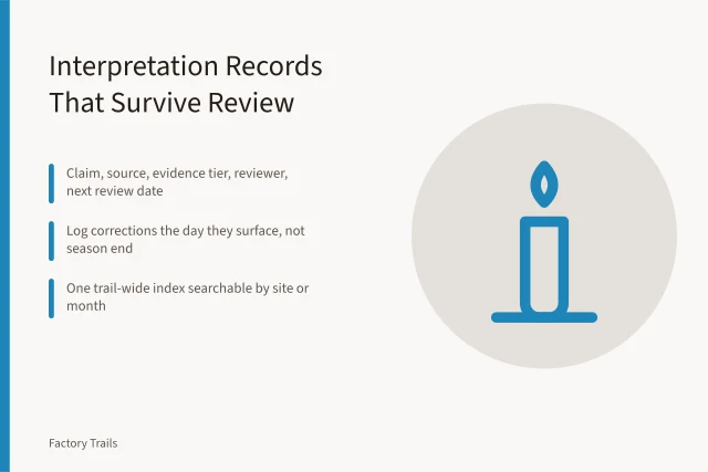 Card on dated interpretation records tying claims to sources and reviewers. Industrial site interpretation records: how U.S. trails keep source notes that survive review