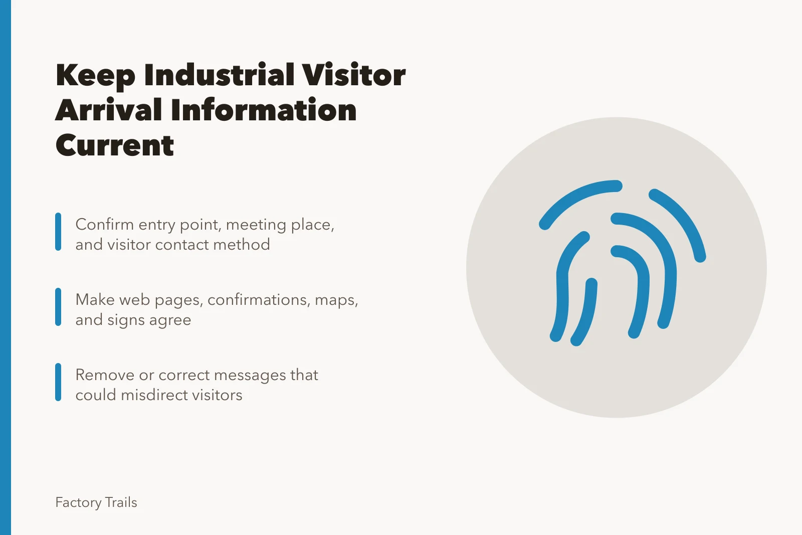 Checklist card for keeping industrial visitor arrival information current. How industrial site interpretation safety checklists keep arrival information current