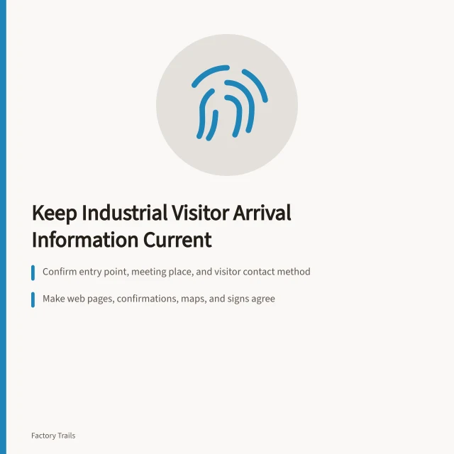 Checklist card for keeping industrial visitor arrival information current. How industrial site interpretation safety checklists keep arrival information current