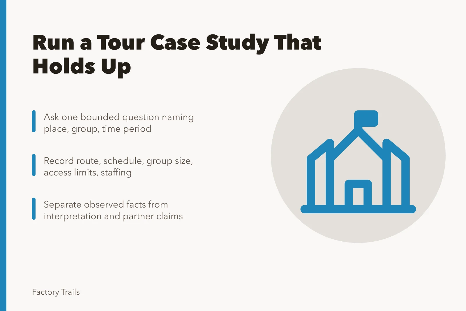 Card outlining steps for a credible industrial tour case study. How to run an industrial tour case study that holds up to review
