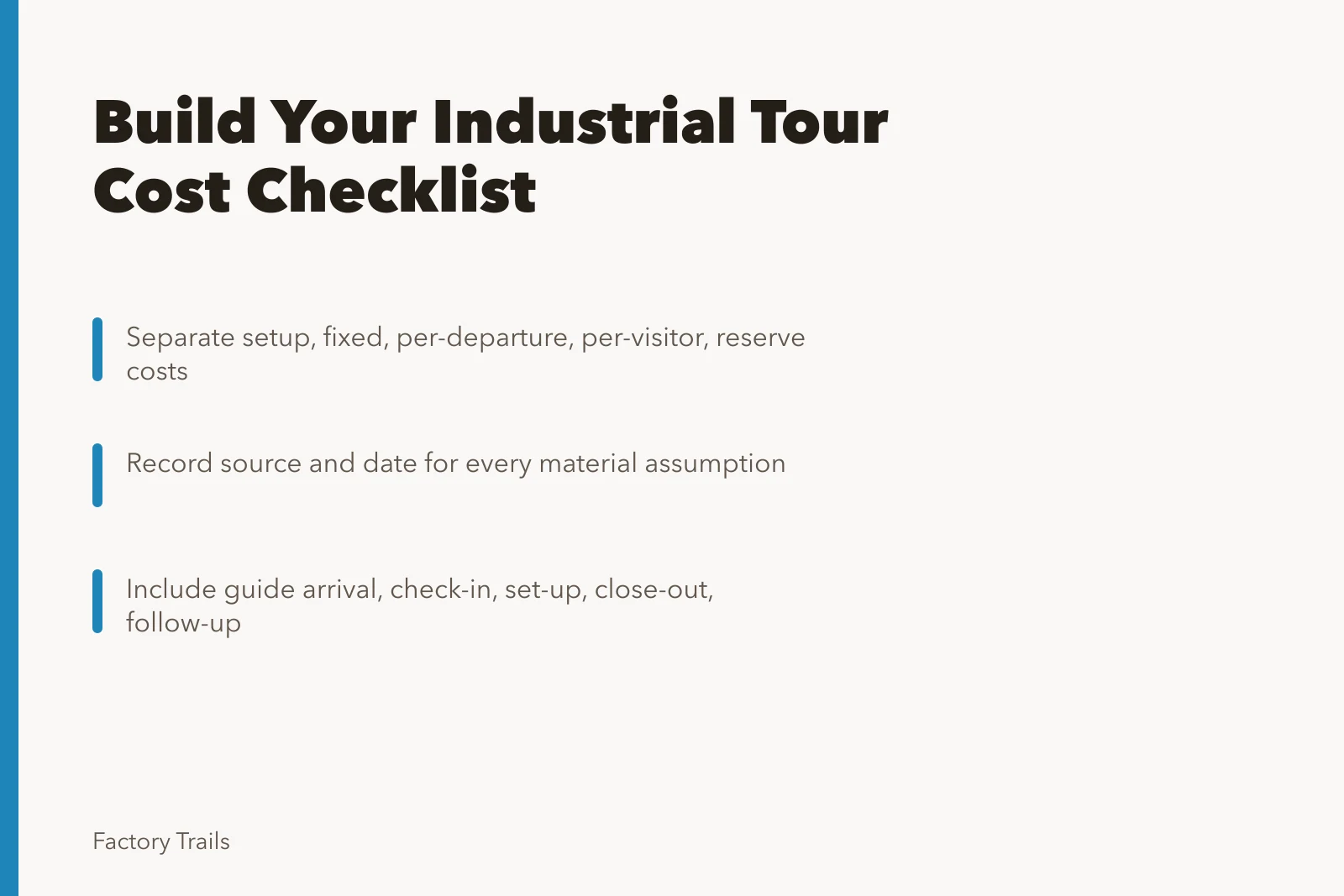 Cost checklist card for industrial tour pricing categories and sources. How to build an industrial tour cost checklist before you set a price