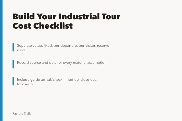 Cost checklist card for industrial tour pricing categories and sources. How to build an industrial tour cost checklist before you set a price