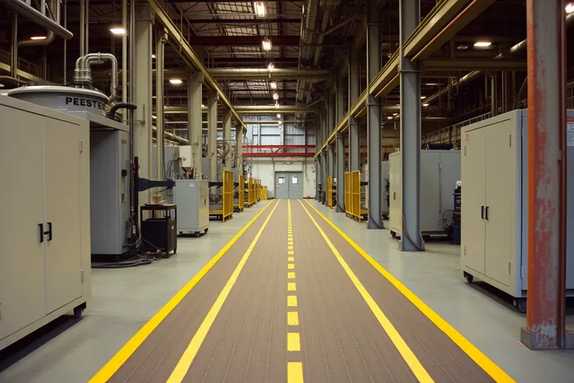 Marked walking route between factory machinery leading to an exit. How to build an industrial tour maintenance checklist that actually works