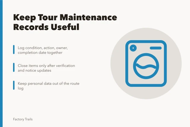Maintenance log card for industrial tour route records. How to keep industrial tour maintenance records that stay useful