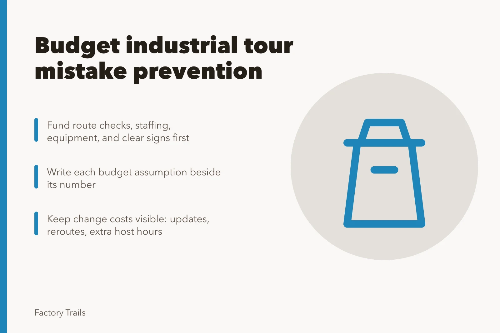 Industrial tour budgeting card with route checks and staffing costs. How to budget industrial tour mistake prevention without hiding change costs