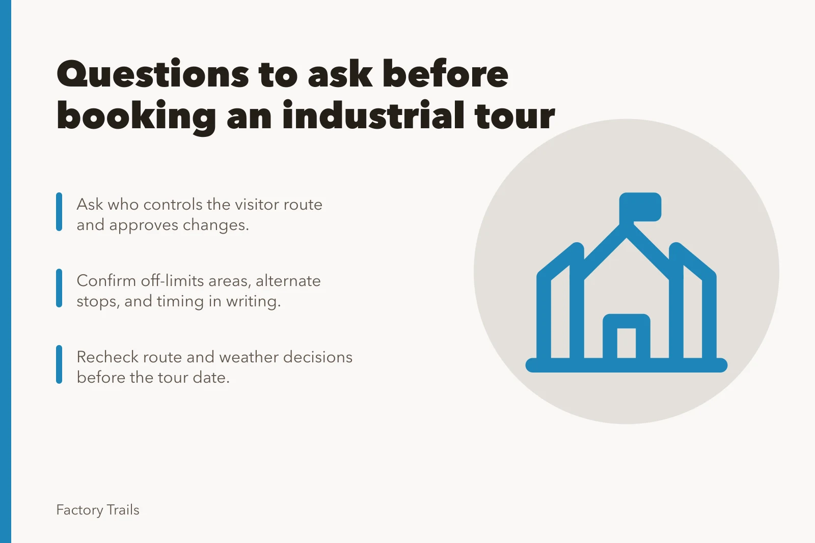 Card listing key questions to ask before booking an industrial tour. Questions to ask before booking an industrial tour