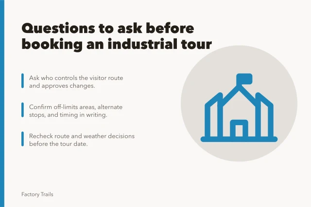 Card listing key questions to ask before booking an industrial tour. Questions to ask before booking an industrial tour