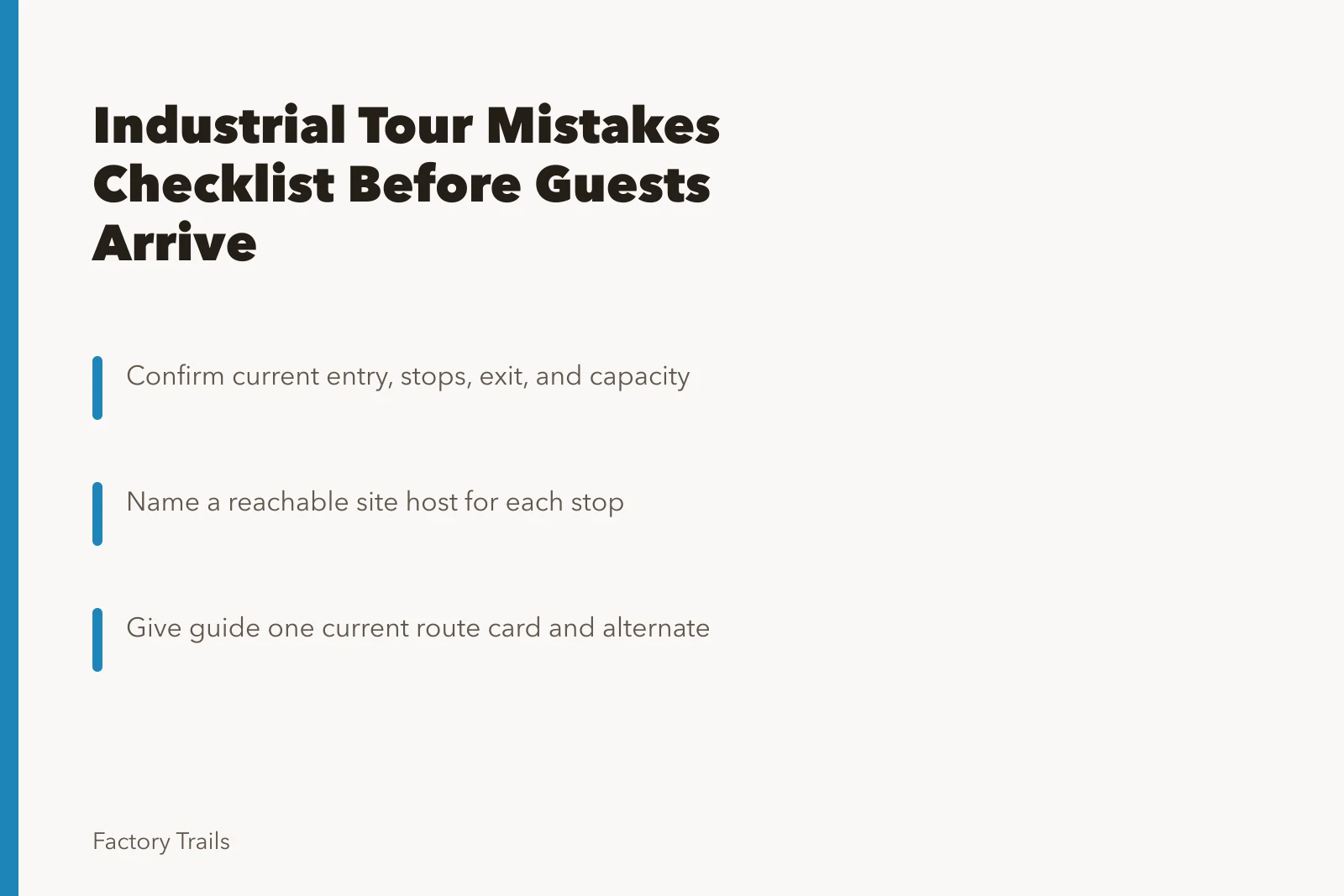 Checklist card for industrial tour route, host, and guide handoff gaps. Industrial tour mistakes checklist: how to catch gaps before guests arrive