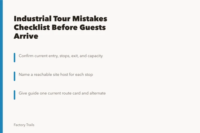 Checklist card for industrial tour route, host, and guide handoff gaps. Industrial tour mistakes checklist: how to catch gaps before guests arrive