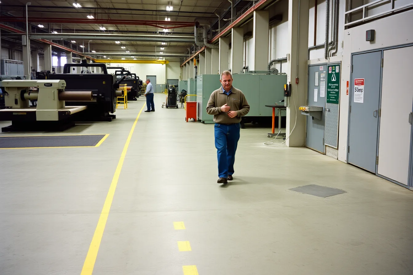 Marked industrial tour route past mill machinery with stop markers and exit signs. How to run an industrial tour route check before your first departure