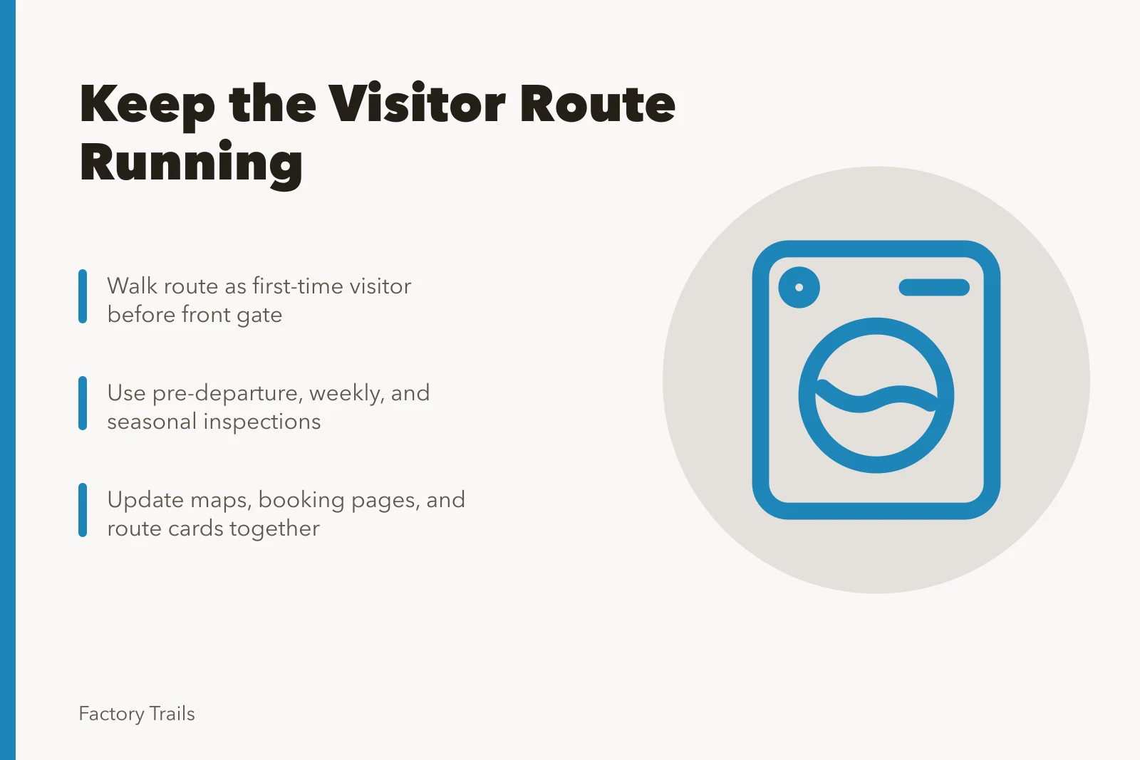 Illustration of an industrial tour route maintenance plan with inspection checkpoints. How industrial tour operators can build a maintenance plan that holds up on busy days