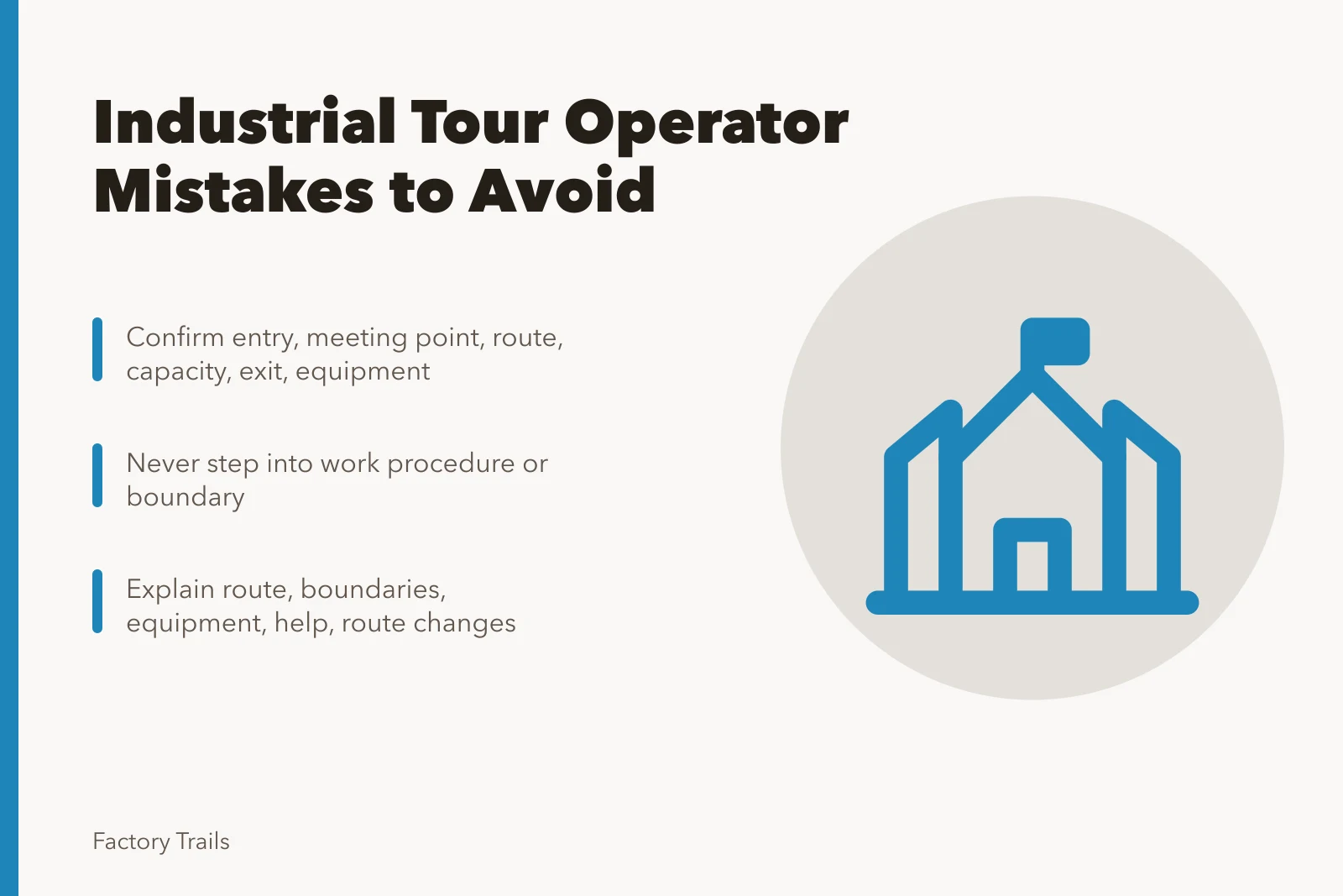 Checklist for industrial tour route planning, safety briefings, and access. Industrial tour operator mistakes to avoid, from route checks to safety briefings