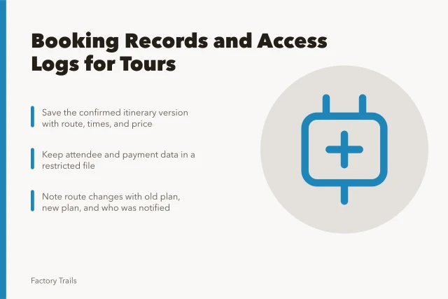 Illustration of an industrial tour booking record with restricted access notes. How industrial tour operators should keep booking records and access logs