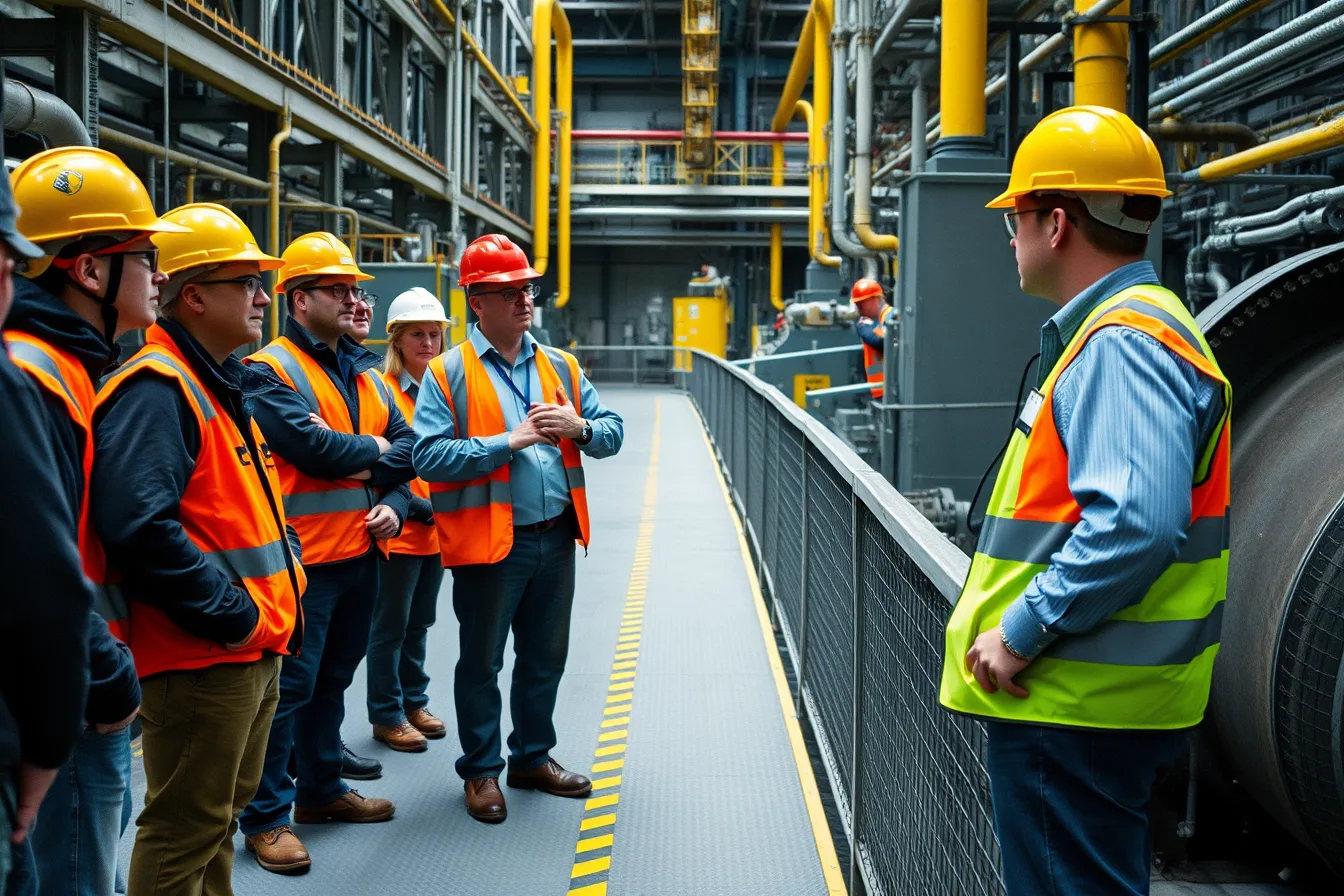 Industrial tour guide briefing visitors in PPE beside factory machinery. How industrial tour operators build a safety checklist that works