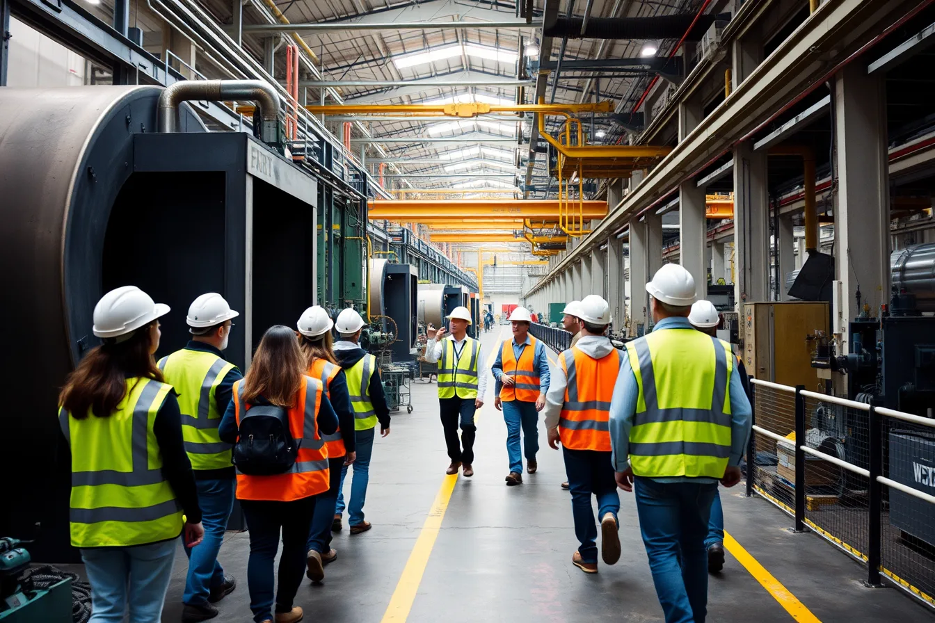 Guided visitors in safety gear walking a marked factory tour route past machinery. How industrial tour operators run a site visit from permission to handover