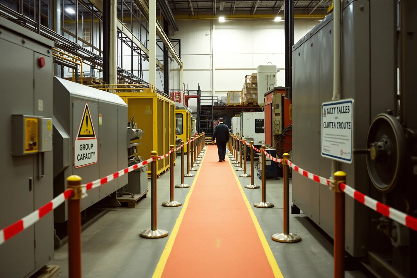 Marked industrial tour route inside a factory with machinery and capacity sign. Industrial tour planning checklist: what to confirm before you launch