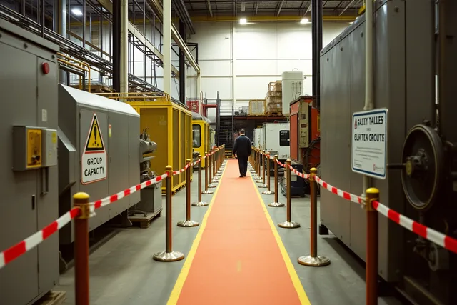 Marked industrial tour route inside a factory with machinery and capacity sign. Industrial tour planning checklist: what to confirm before you launch
