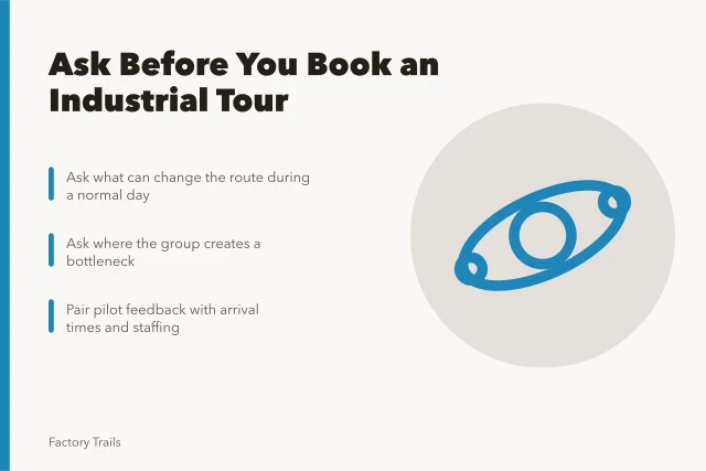 Checklist of industrial tour planning questions for site teams and pilot groups. Before you book an industrial tour, ask these planning questions