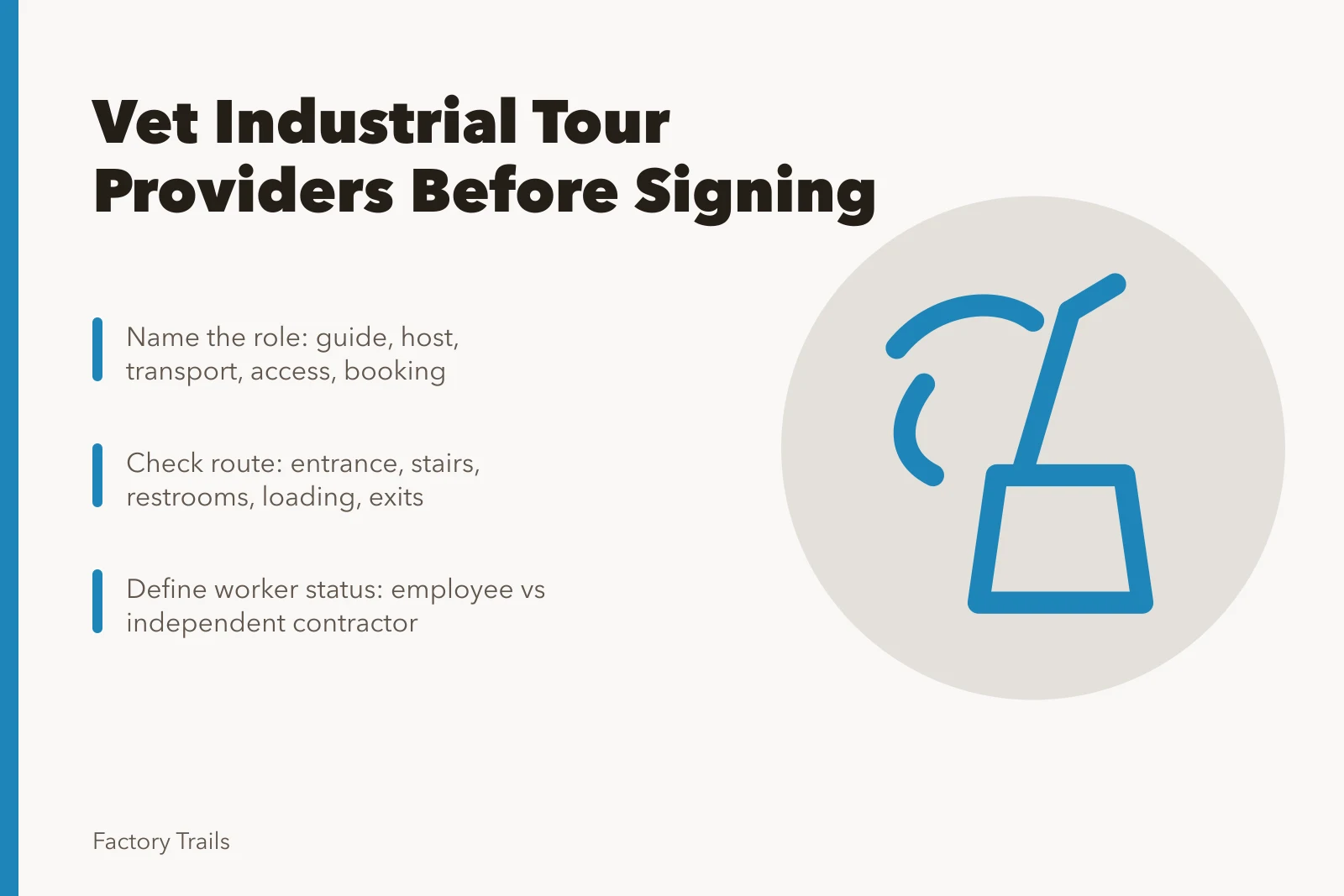 Checklist card for vetting industrial tour providers before contract signing. How to vet an industrial tour provider before you sign a contract