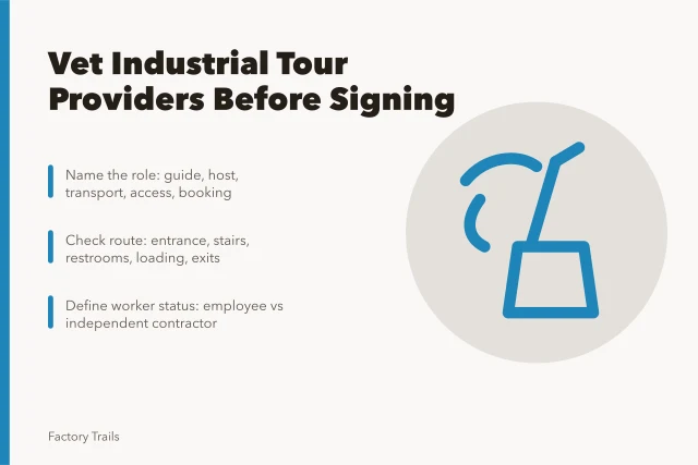 Checklist card for vetting industrial tour providers before contract signing. How to vet an industrial tour provider before you sign a contract