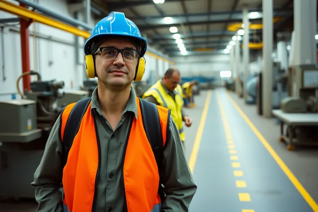 Visitor in hard hat, safety glasses and vest at factory walkway boundary. Industrial tour safety questions buyers should ask before booking