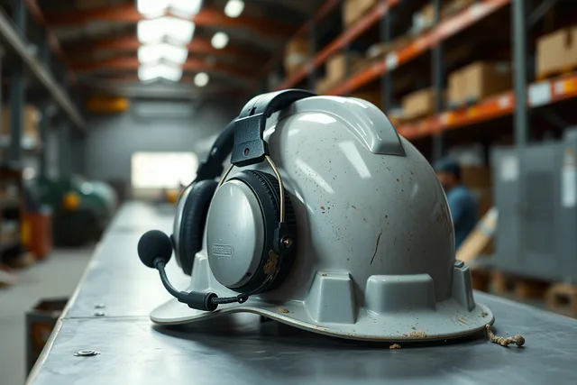 Industrial safety helmet with headset on a factory workbench. How to build an industrial tour safety readiness checklist before you depart
