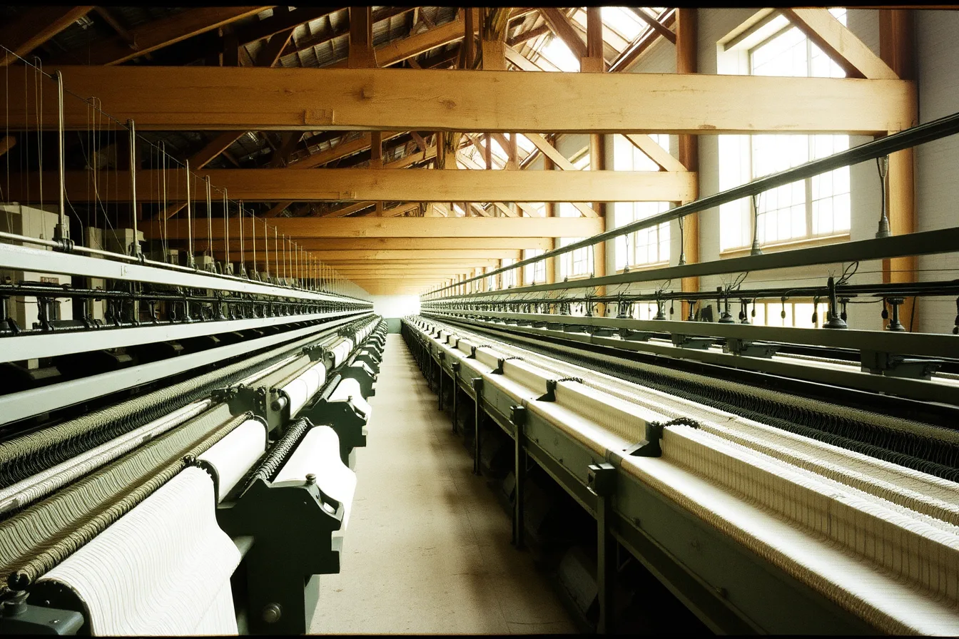 Rows of operating cotton looms in a working mill weave room. A guide to Lowell National Historical Park cotton mill tours